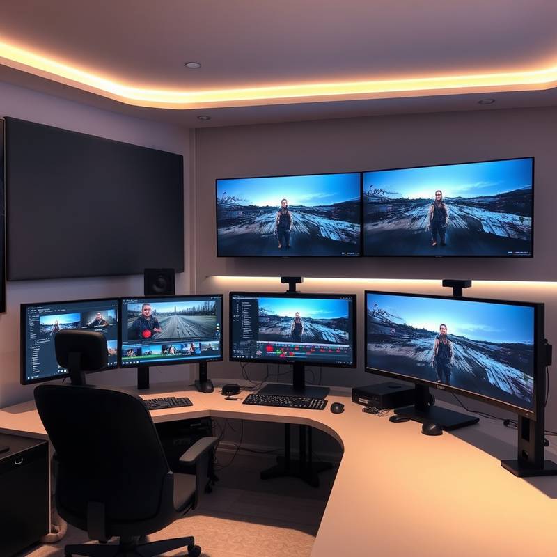 A modern video editing suite with multiple monitors and editing software