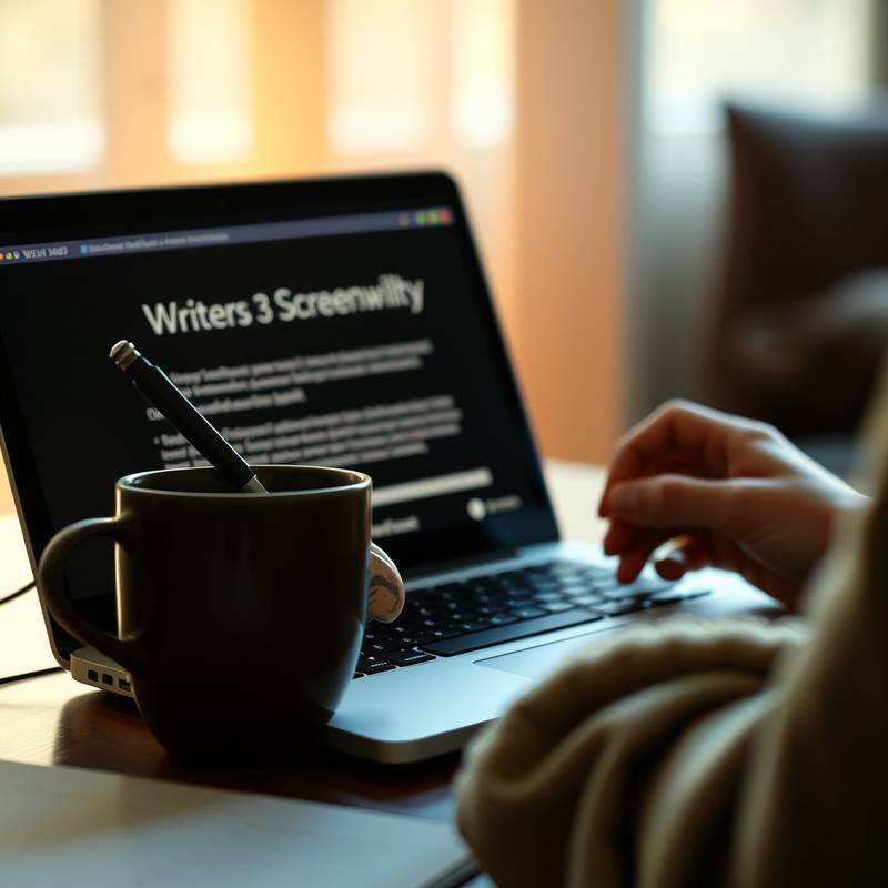 A person writing a screenplay on a laptop with a cup of coffee nearby