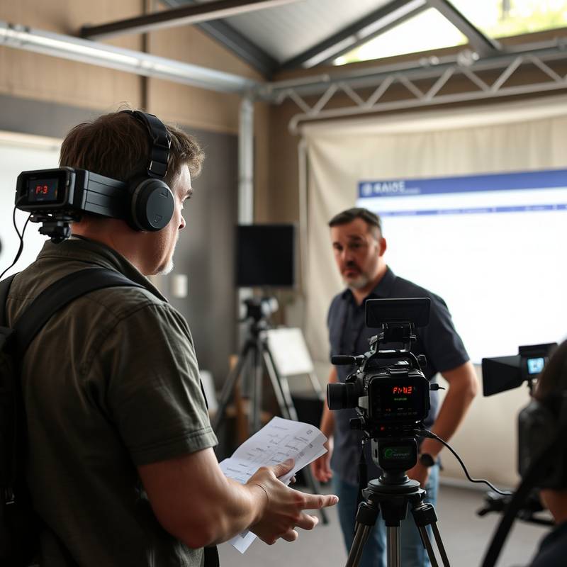 A production manager on a film set discussing scheduling and logistics