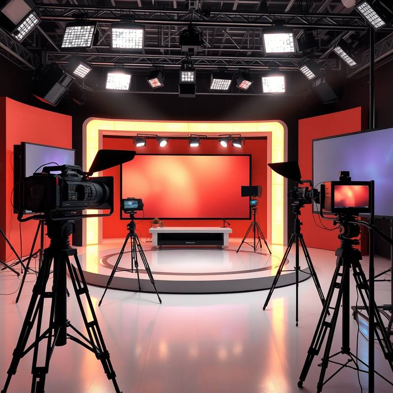 A professional TV studio set with lighting and cameras