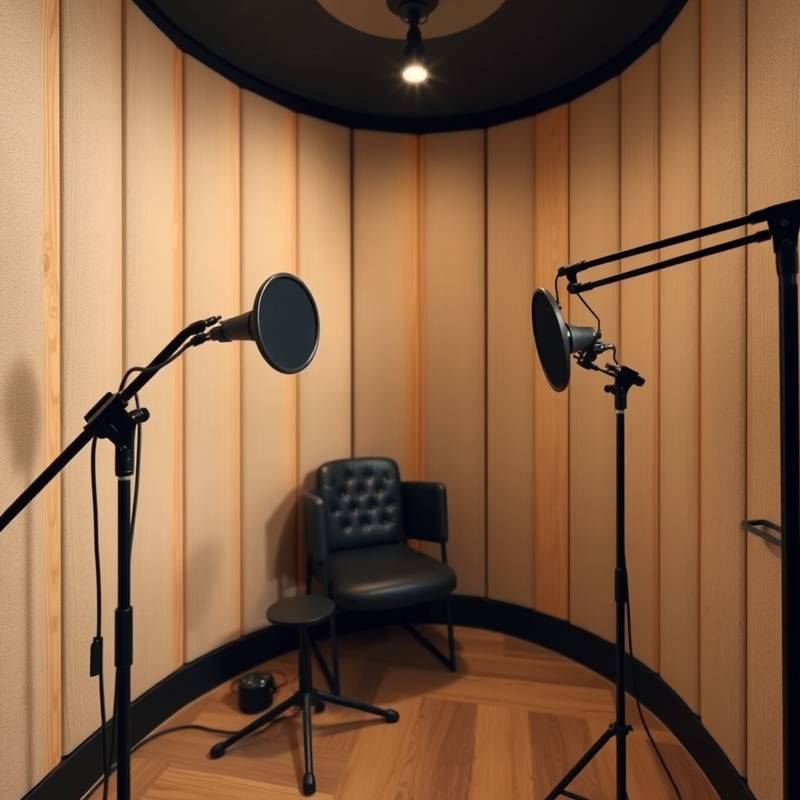 A sound recording booth with microphones and soundproofing