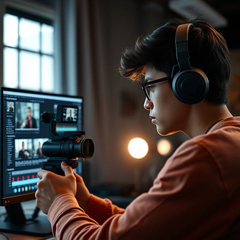 A student editing a video using professional video editing software