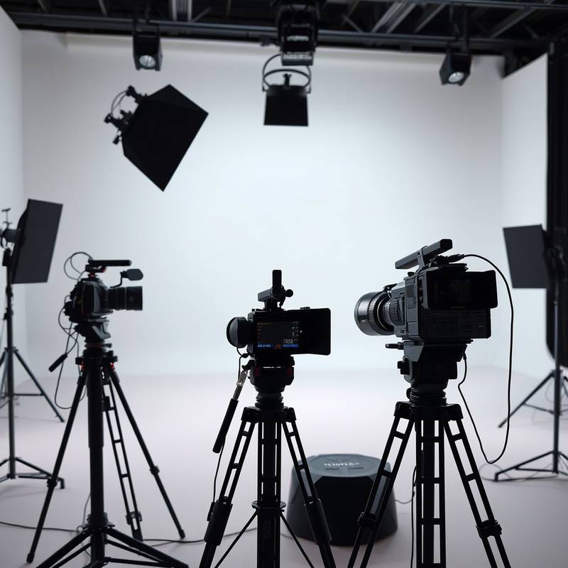 Inside a TV production studio with cameras and lighting equipment